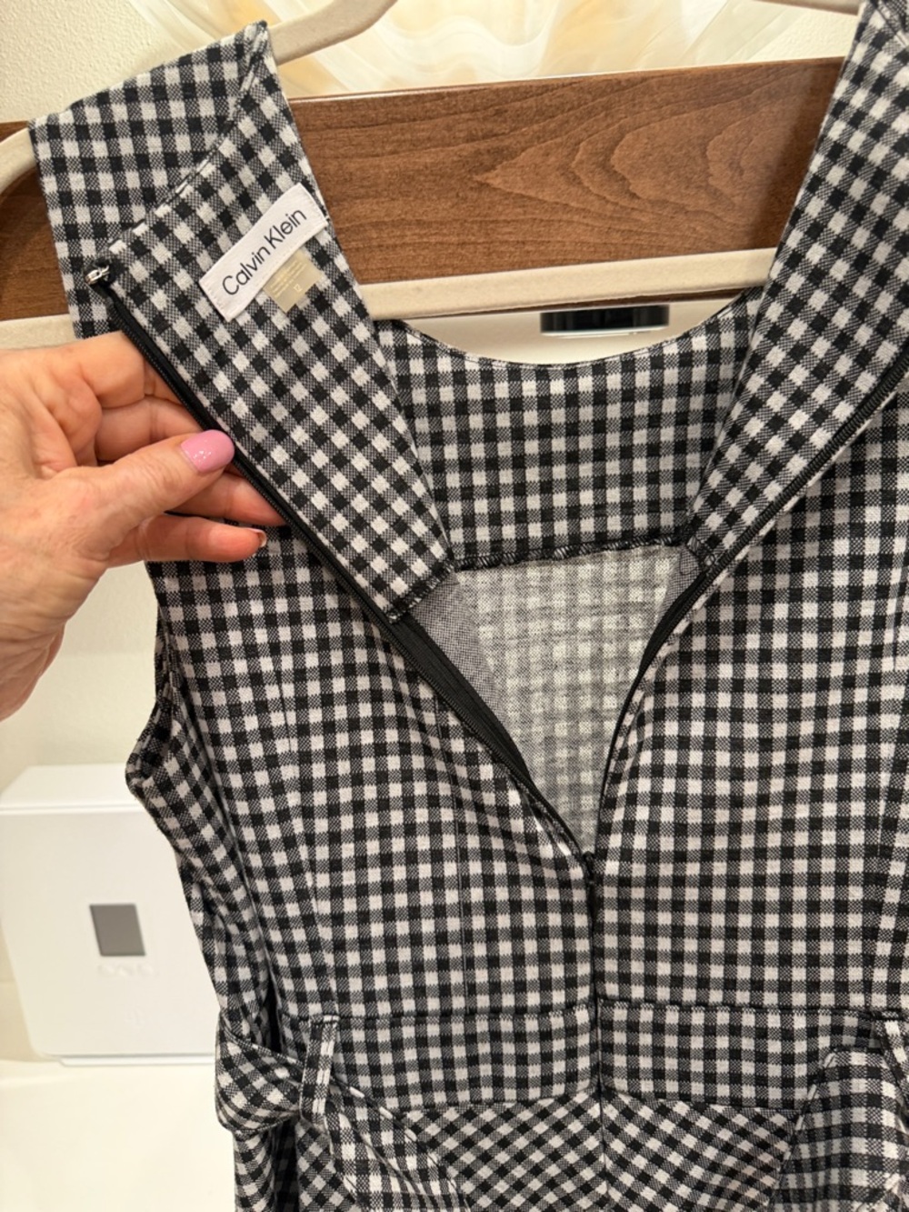 Calvin Klein Black and White Gingham Midi Dress with Waist Tie - Picture 7 of 9
